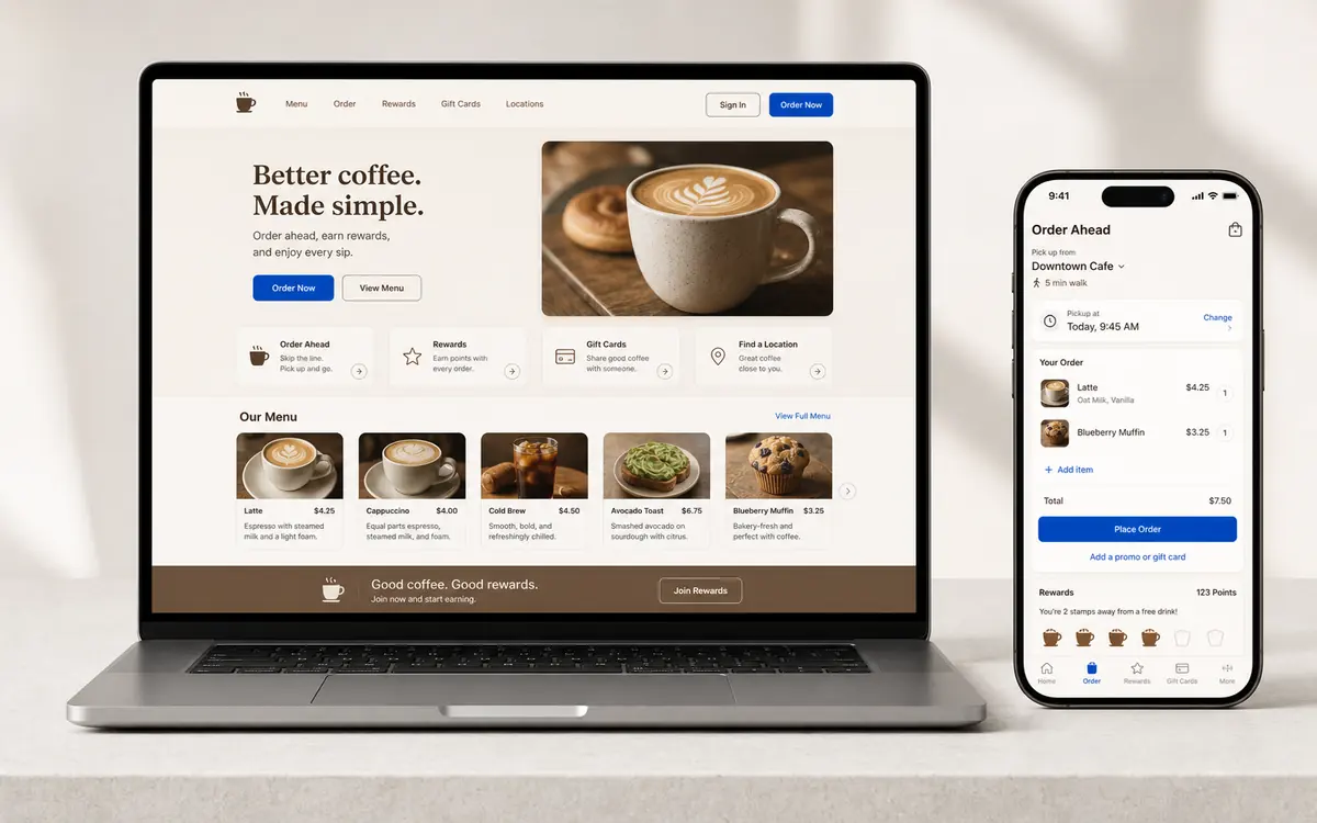 coffee shop ordering and loyalty platform shown on laptop and phone