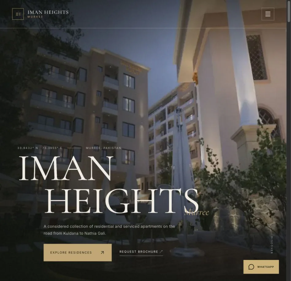 Iman Heights Murree real-estate website hero showing mountain residences