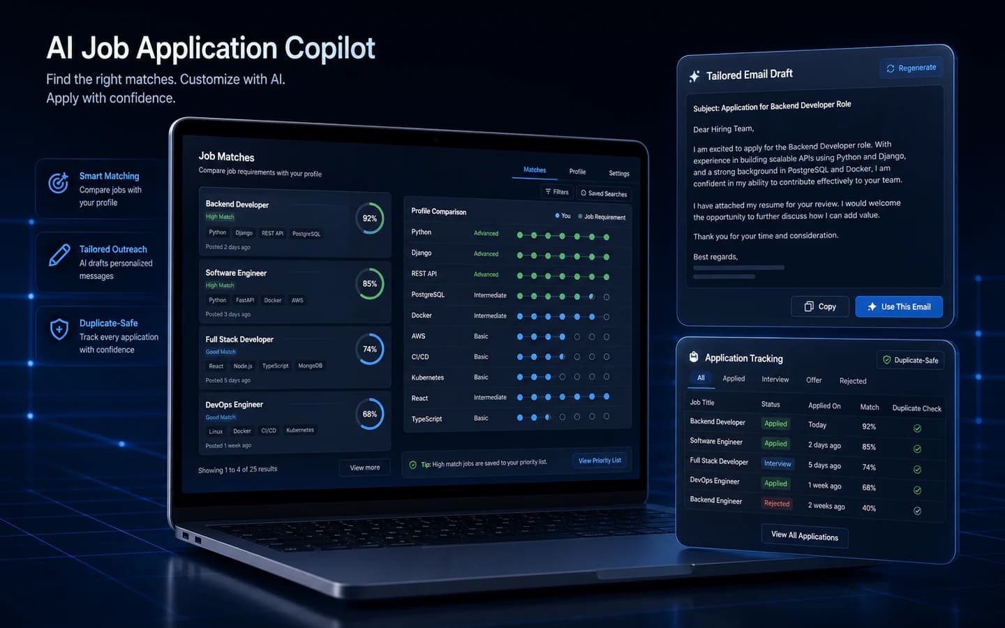 Job Application Copilot interface for matching IT jobs, drafting application emails, and tracking applications