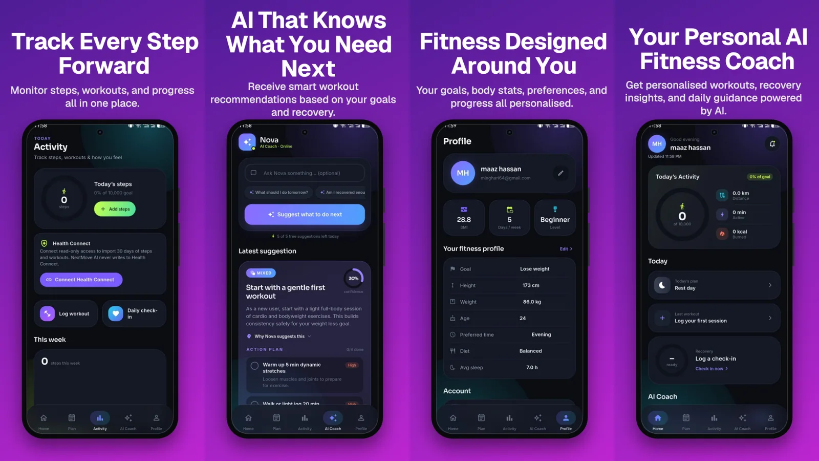 NextMove AI personal fitness coach mobile application screens