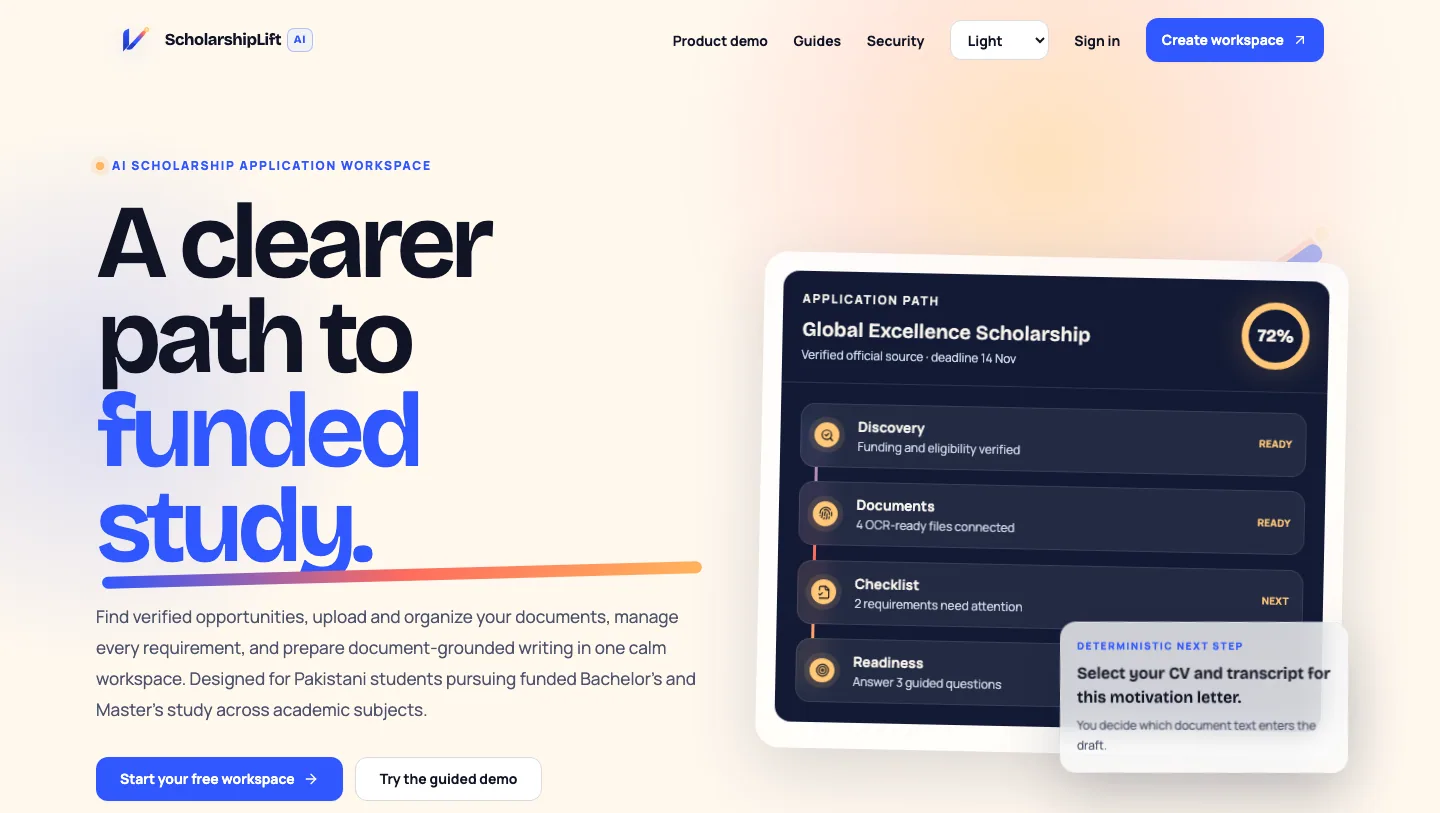 ScholarshipLift AI scholarship application workspace