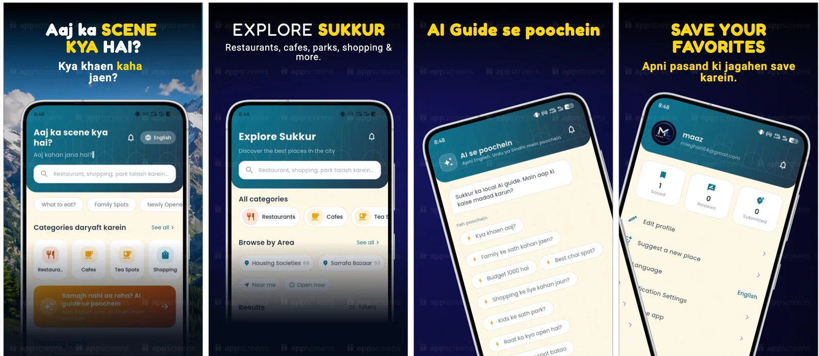 Sukkur App mobile screens showing local discovery and AI search
